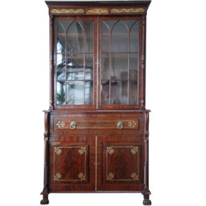 Fine Irish brass inlaid mahogany secretaire bookcase c1820
